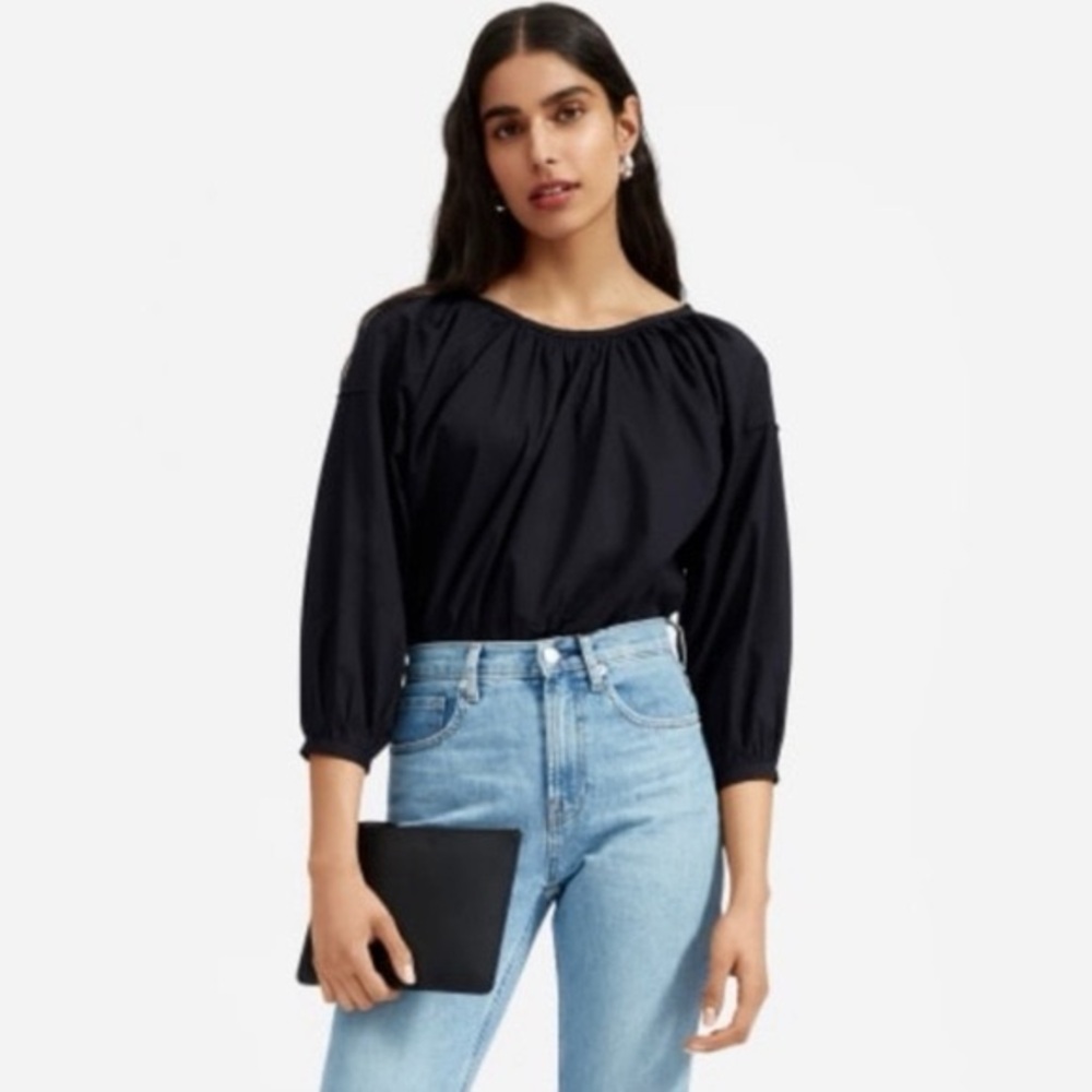 EVERLANE Ruched Air Blouse Black Size 0 100% Cotton Minimalist Peasant Cottage